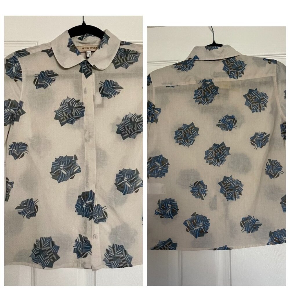 NWT See By Chloe Button Down Short Sleeve Thin Cotton Printed Blouse